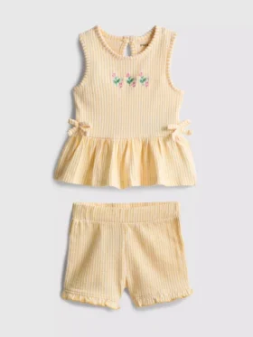 0-36mths | floral embroidered peplum-hem top and shorts set