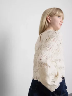 7-15yrs | crochet scallop-trim long-sleeve top