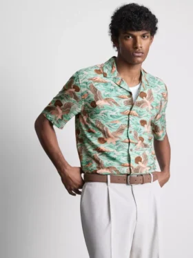 Bird-print short-sleeve button-down shirt