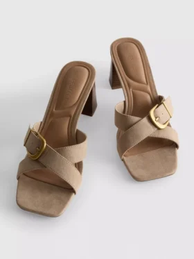 Buckle block heel mule sandals