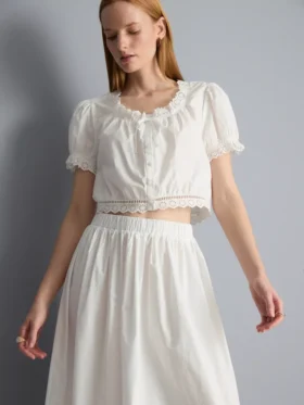 Cotton cropped puff sleeve poplin top
