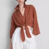 Cotton cropped tie front shirt Cotton cropped tie front shirt