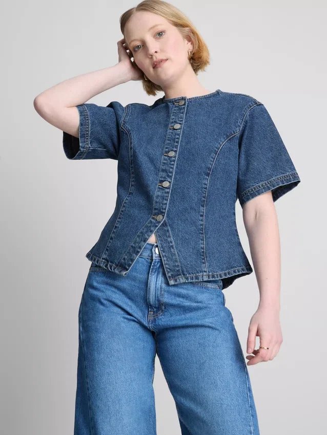 Cotton denim cinched short sleeve top Cotton denim cinched short sleeve top