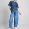 Cotton denim cinched short sleeve top Cotton denim cinched short sleeve top