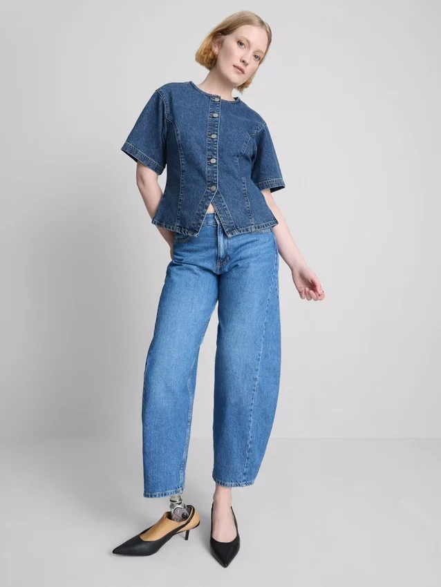 Cotton denim cinched short sleeve top Cotton denim cinched short sleeve top