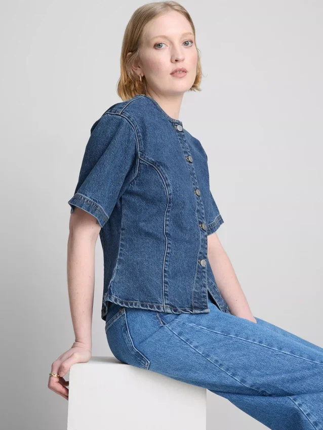Cotton denim cinched short sleeve top Cotton denim cinched short sleeve top