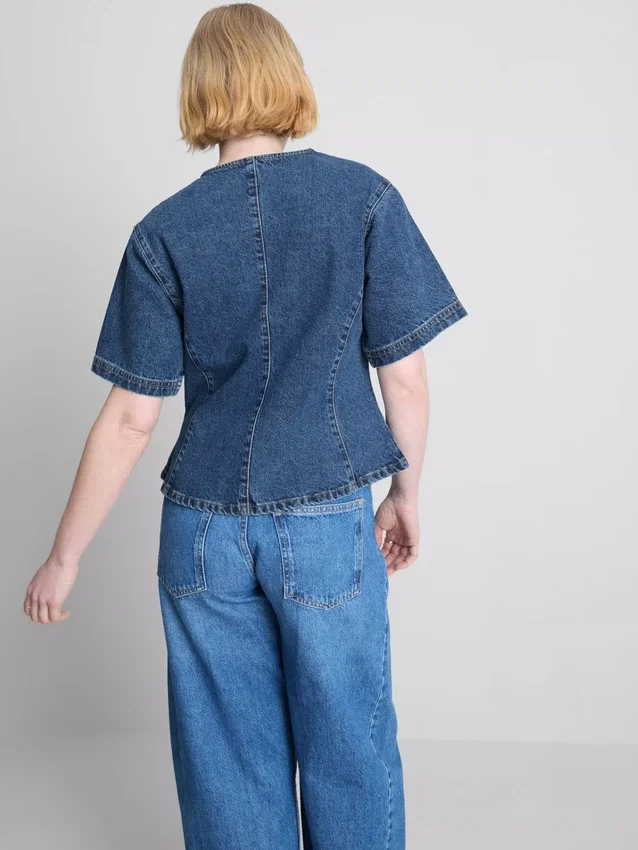 Cotton denim cinched short sleeve top Cotton denim cinched short sleeve top