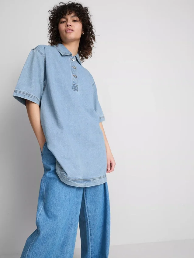 Cotton denim collared mini shift dress Cotton denim collared mini shift dress