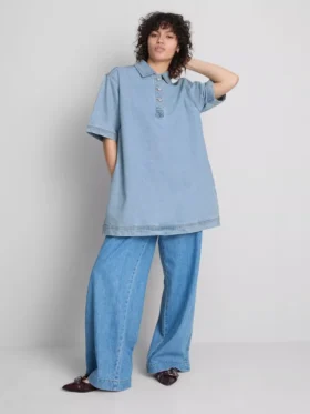 Cotton denim collared mini shift dress