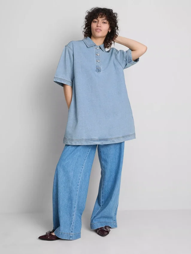 Cotton denim collared mini shift dress Cotton denim collared mini shift dress