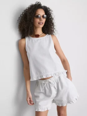 Cotton denim cropped ruffle tank top