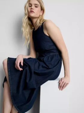 Cotton denim drop waist midi dress