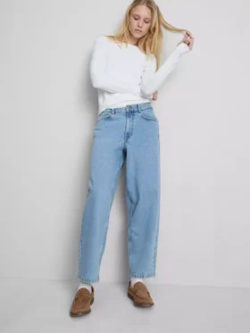 Cotton denim high waisted tapered jeans