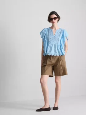 Cotton embroidered scalloped sleeve top