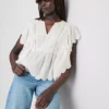 Cotton embroidered scalloped sleeve top