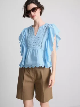 Cotton embroidered scalloped sleeve top