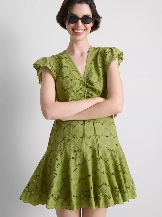 Cotton eyelet ruched mini dress Cotton eyelet ruched mini dress