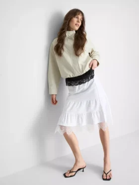 Cotton-rich tiered lace midi skirt
