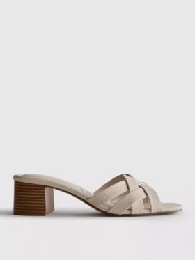 Faux leather weave block heel mules