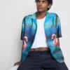 Flamingo-print short-sleeve button-up shirt