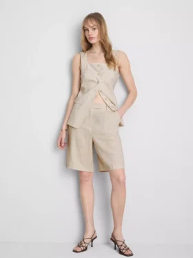 Linen-blend pleated bermuda shorts