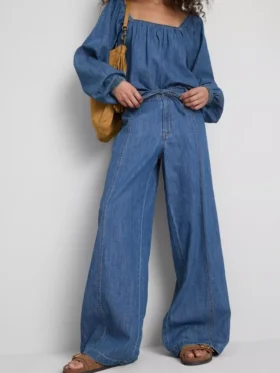 Paula echevarría cotton-rich denim wide-leg pants