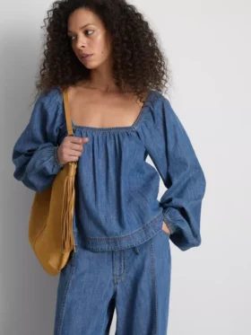Paula echevarría denim puff-sleeve top Paula echevarría denim puff-sleeve top