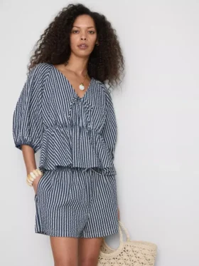 Paula echevarría striped seersucker puff-sleeve blouse
