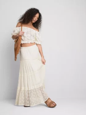 Paula echevarría tiered crinkle lace midi skirt