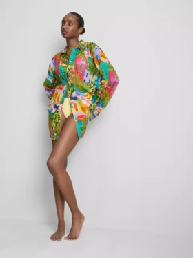 Printed cotton beach button-down shirt