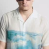 Scenic-print short-sleeve button-down shirt