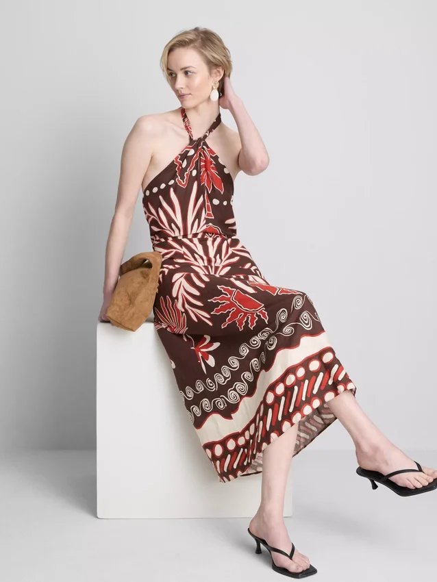 The edit linen-blend printed halter midi dress The edit linen-blend printed halter midi dress