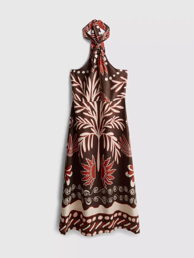 The edit linen-blend printed halter midi dress The edit linen-blend printed halter midi dress