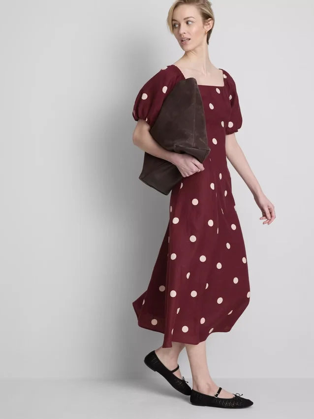 The edit linen puff-sleeve midi dress The edit linen puff-sleeve midi dress